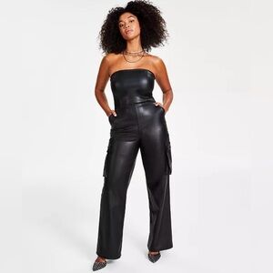 Bar III Faux-Leather Strapless Cargo-Pocket Jumpsuit